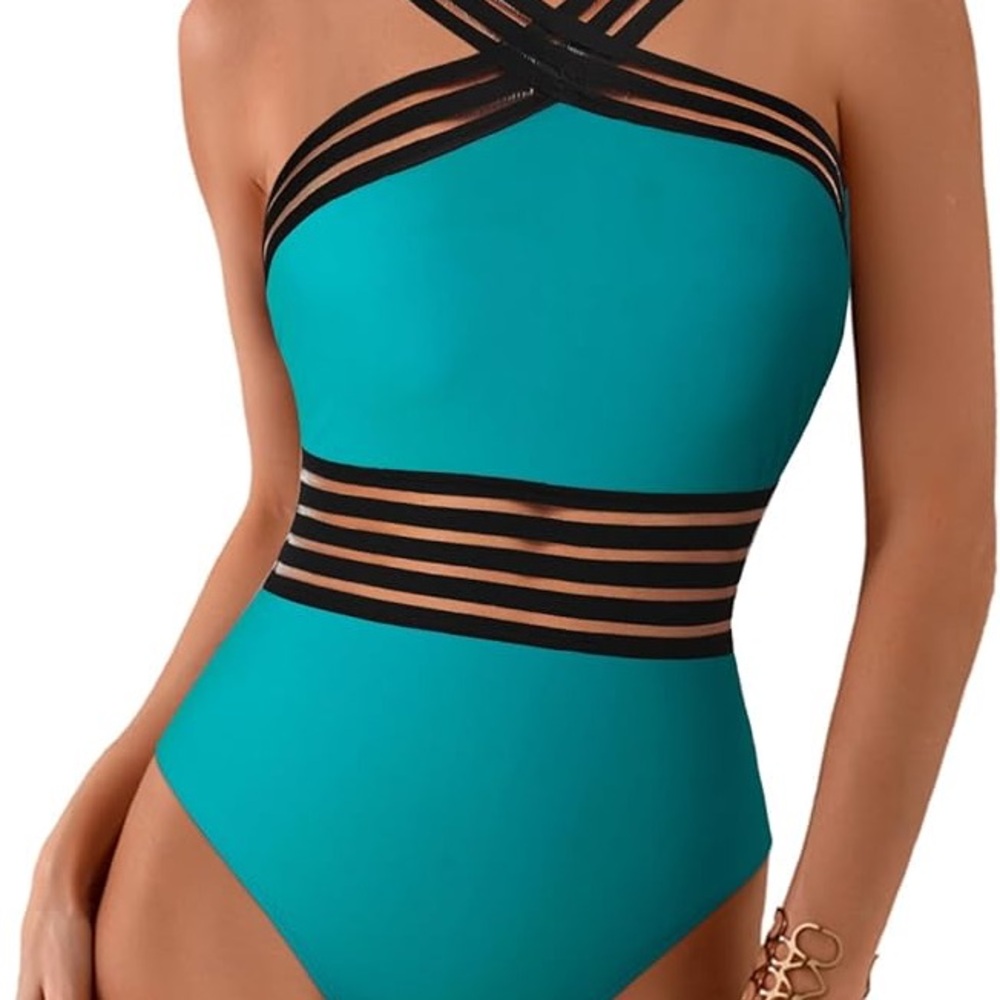 Boutique Swimwear  Teal One-Piece Swimsuit with Black Strappy Accents